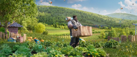 Jardin-ferme technologique avec agriculteur, cultures, drones et éoliennes.