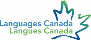 Logo Langues Canada bilingue anglais-français, feuille dérable bleu et vert.
