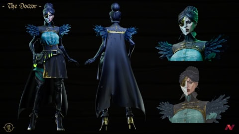 Concept art personnage « Le Docteur » steampunk en cape, masque et instruments médicaux.