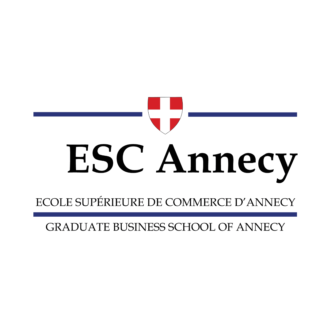Logo ESC Annecy, École Supérieure de Commerce, blason rouge et texte à empattement.
