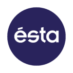 Logo « ésta » blanc sur cercle indigo, typographie géométrique et minimaliste.