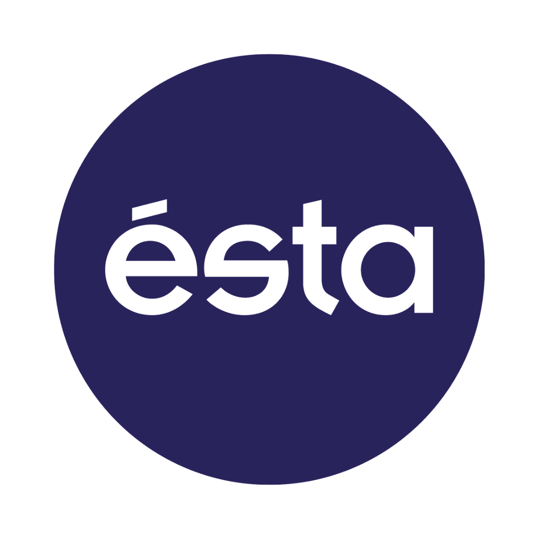 Logo « ésta » blanc sur cercle indigo, typographie géométrique et minimaliste.