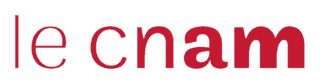 Logotype rouge « le cnam » sur fond noir, typographie géométrique et minimaliste.