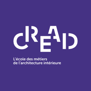 Logo blanc CREAD sur fond violet pour école darchitecture intérieure.