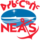 Logo NEAS nautique bleu et rouge avec ovale, vagues et ancre.