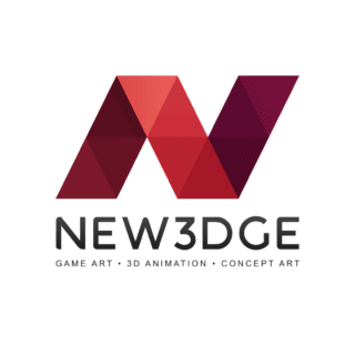 Logo New3Dge : emblème géométrique rouge, studio 3D, art de jeu vidéo, animation, art conceptuel.