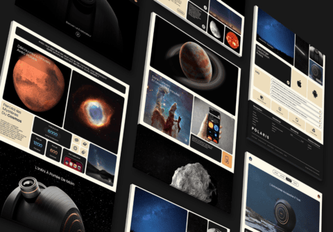 Interface Polaris pour astronomie : images spatiales, application mobile et présentation produit.