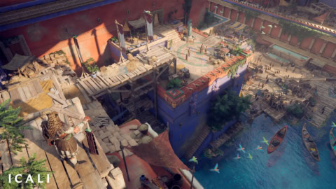 Forteresse portuaire bleue, marché en terrasses avec quais, bateaux et oiseaux.