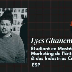 Portrait étudiant Master Marketing divertissement et industries créatives, photo noir et blanc, graphismes orange.