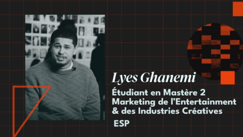 Portrait étudiant Master Marketing divertissement et industries créatives, photo noir et blanc, graphismes orange.