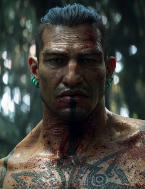 Portrait homme tatoué ensanglanté, gros plan intense du visage et du tatouage.