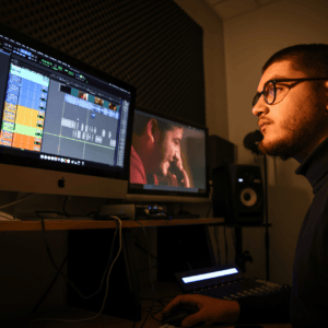Ingénieur audio en studio devant iMac, montage audio, mixage et édition vidéo.