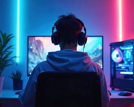 Poste de jeu néon : joueur de dos casque, écran, ordinateur RGB et plantes.