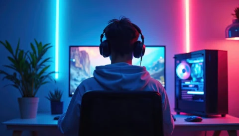 Poste de jeu néon : joueur de dos casque, écran, ordinateur RGB et plantes.