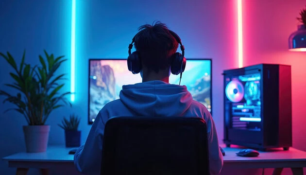 Poste de jeu néon : joueur de dos casque, écran, ordinateur RGB et plantes.