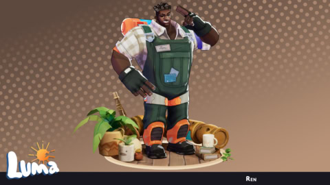 Ren, homme musclé dessin animé en salopette verte avec outils et plantes.