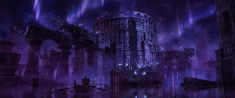 Colisée en ruines violet, tour imposante, ciel étoilé, eau miroir et barque solitaire.