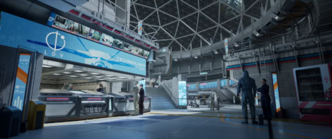 Atrium industriel high-tech : centre de maintenance et transport avec kiosques, consoles et personnel.