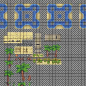 Tileset de plage pixel art avec tuiles deau, sable, palmiers et décor.
