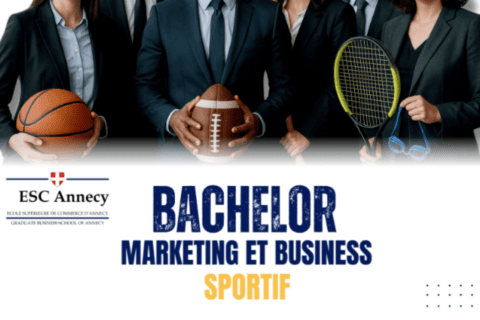 Bachelor Marketing et Business du Sport ESC Annecy, étudiants en costume tenant équipements sportifs.