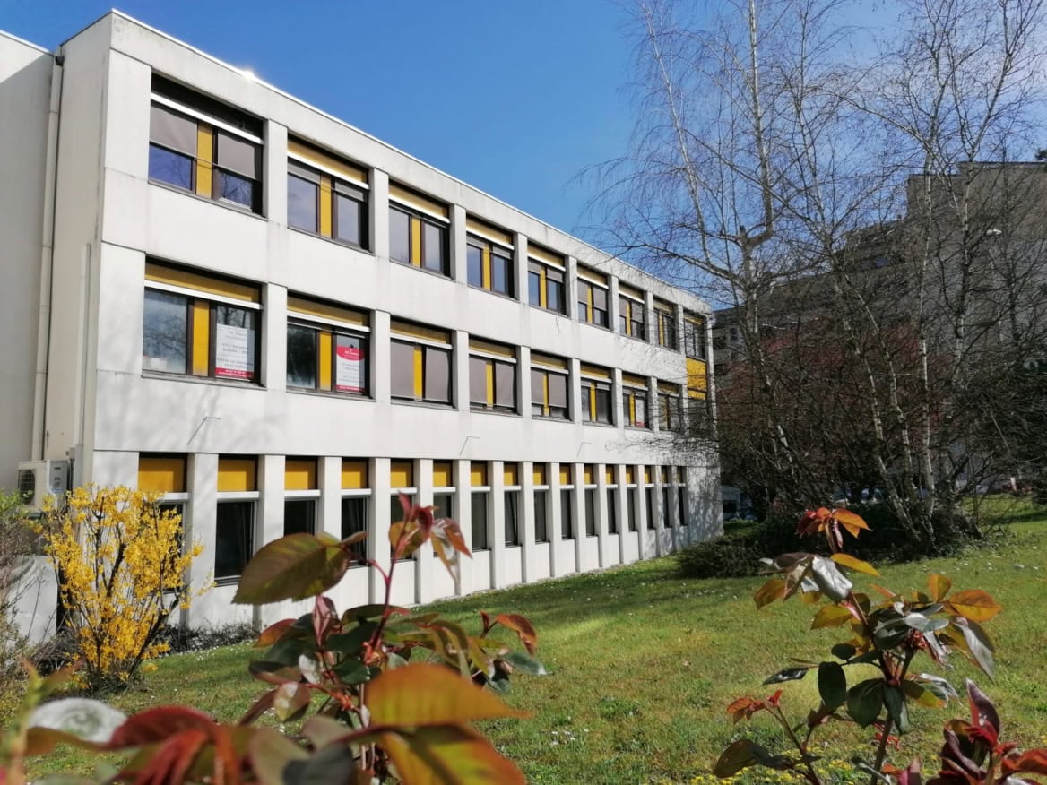 Bâtiment moderne trois étages façade blanche, fenêtres jaunes, pelouse et arbres.