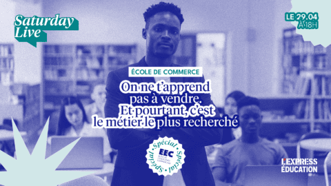 Affiche événement École de commerce : conférence vente pour étudiants, 29.04, LExpress Éducation.