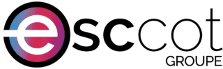 Logo «e» blanc sur cercle dégradé cyan-rose, fond noir minimaliste.