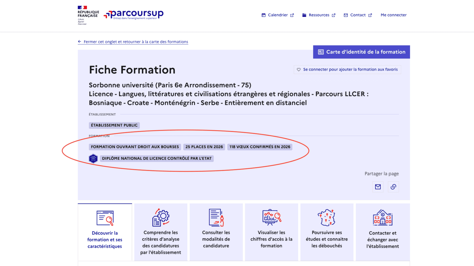 Parcoursup : fiche formation Sorbonne Université Licence LLCER Bosnien‑Croate‑Monténégrin‑Serbe, distanciel, 25 places.