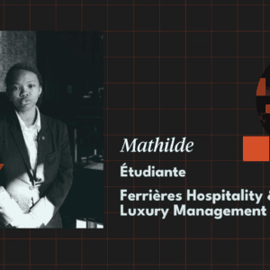 Portrait formel noir et blanc détudiante Ferrières, hôtellerie et management du luxe.