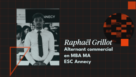 Portrait noir et blanc de Raphaël Grillot, alternant commercial MBA MA ESC Annecy, design graphique.