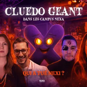 Affiche Cluedo géant NEXA campus Halloween : mascotte violette, portraits suspects, «Qui a tué Nexi?».