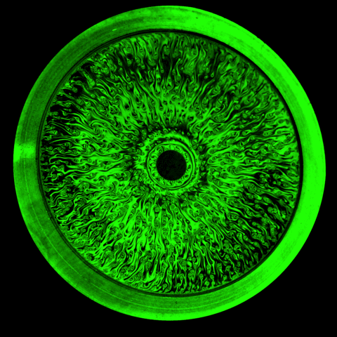 Disque vert fluo abstrait à motifs radiaux rappelant un mandala lumineux néon.