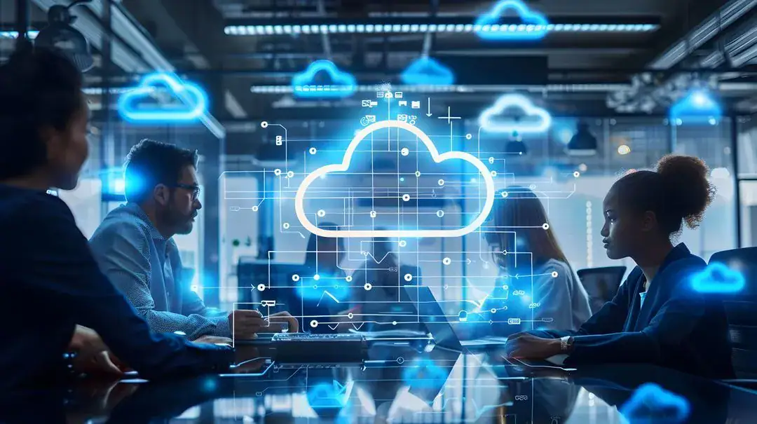Réunion déquipe cloud computing, hologramme, sécurité, architecture réseau et collaboration.
