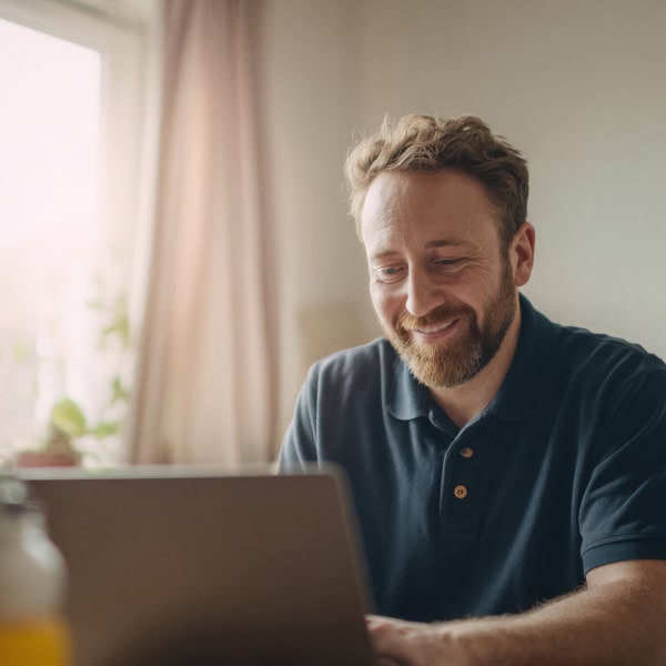 Homme en télétravail souriant sur ordinateur portable à la maison, ambiance cosy.