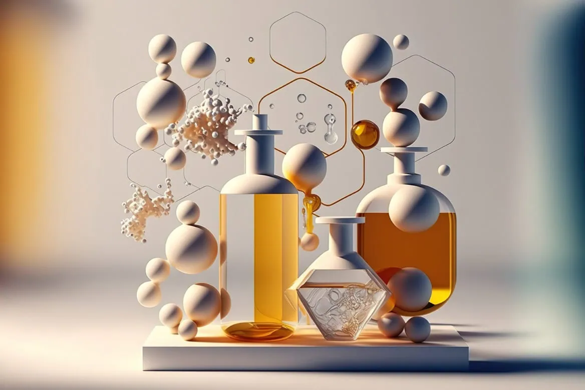 Laboratoire de parfumerie avec bouteilles, essences ambrées, sphères moléculaires et IA générative.
