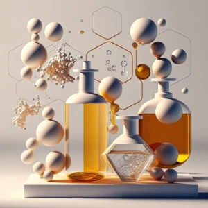 Laboratoire de parfumerie avec bouteilles, essences ambrées, sphères moléculaires et IA générative.