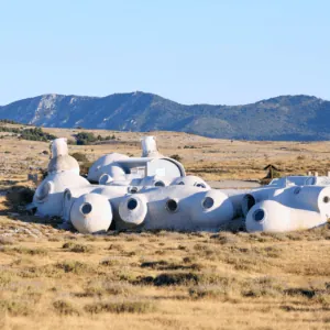 Modules dômes blancs sur haute plaine aride, habitations futuristes face aux montagnes.