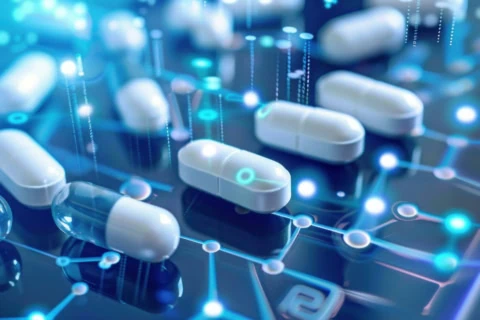 Pilules blanches sur réseau numérique illustrant technologie médicale, IA, données et recherche pharmaceutique.