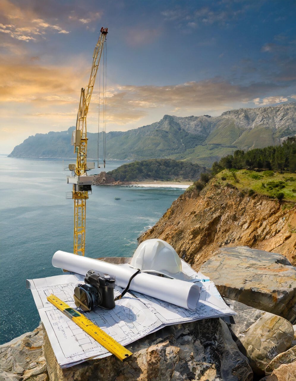 Plans de chantier et casque sur falaise, grue dominant la côte et la mer.