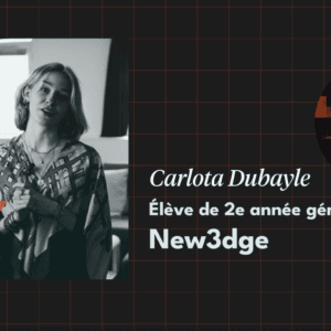 Portrait détudiante Carlota Dubayle sur diapositive design 2D/3D orange et charbon.