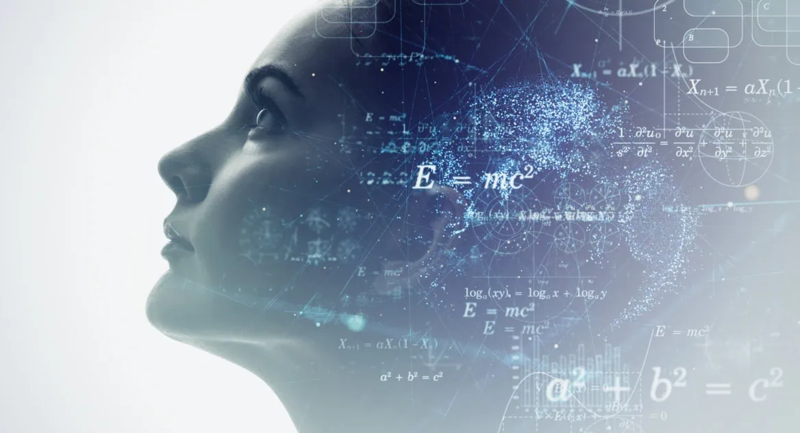 Profil féminin avec cerveau numérique, IA, données et réseaux neuronaux.