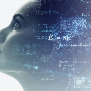 Profil féminin avec cerveau numérique, IA, données et réseaux neuronaux.