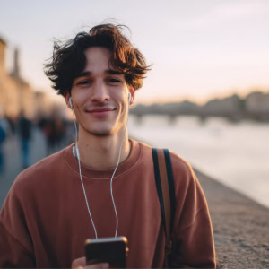 Portrait dun jeune homme avec écouteurs en balade au coucher de soleil en ville.