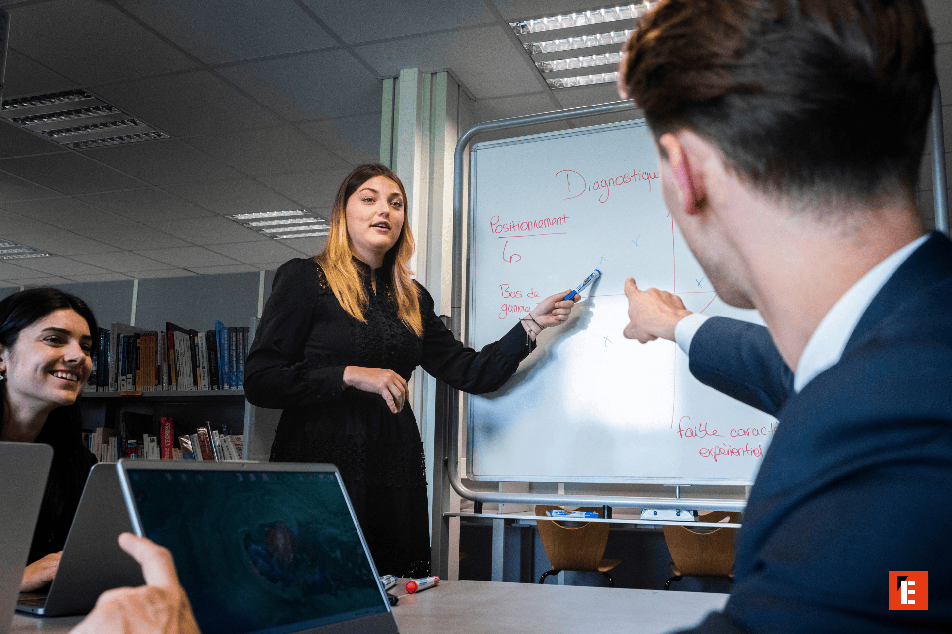 Réunion d’équipe en bureau avec tableau blanc, présentation, participants et ordinateurs.