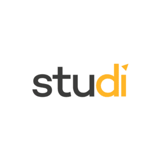 Logo minimal studi moderne gris foncé et jaune orange avec triangle accent.