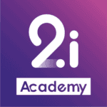 Logo 2i avec icône blanche et bande «Academy» sur dégradé violet magenta.