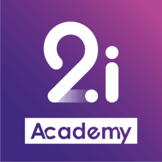 Logo 2i avec icône blanche et bande «Academy» sur dégradé violet magenta.