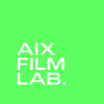 Logo AIX Film Lab blanc sur fond vert néon, typographie géométrique, affiche minimaliste.