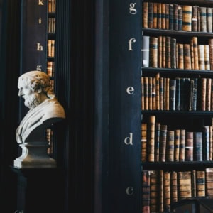 Bibliothèque ancienne avec rangée de bustes en marbre et rayonnages de livres anciens.