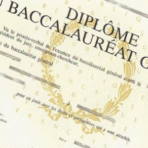 Diplôme de baccalauréat général français officiel, certificat avec laurier doré et sceau.